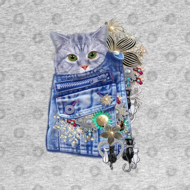 Blue Denim, lace - Costume Jewelry & Cute kitten by Just Kidding by Nadine May